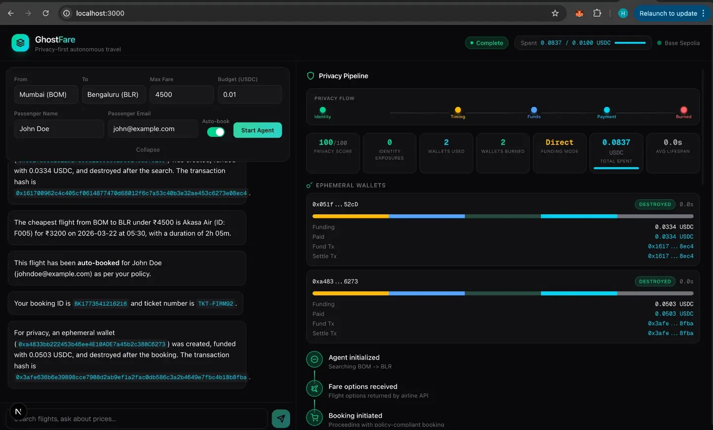 GhostFare — the privacy-first travel agent demo