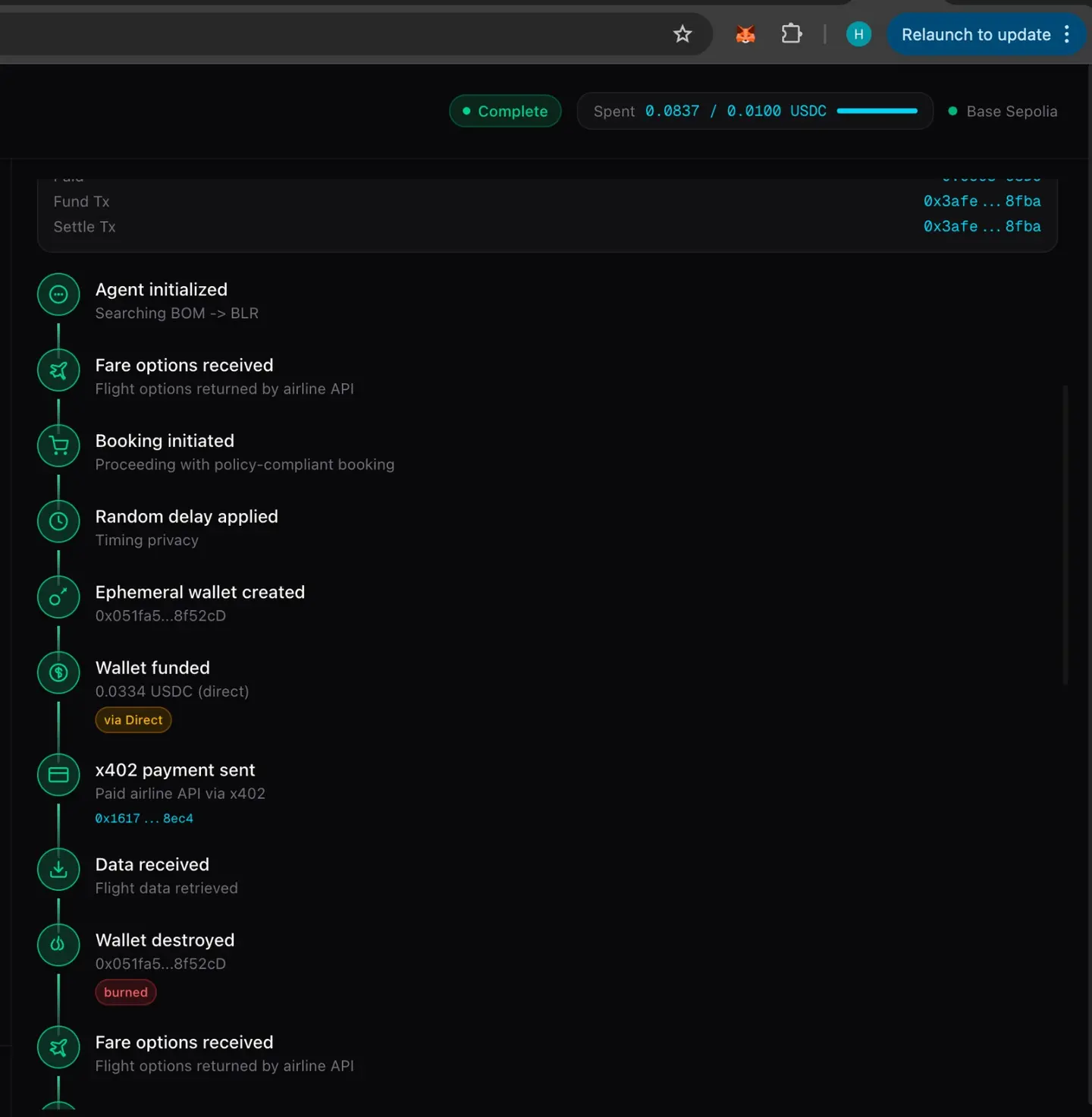 Privacy console — full ephemeral-wallet event log