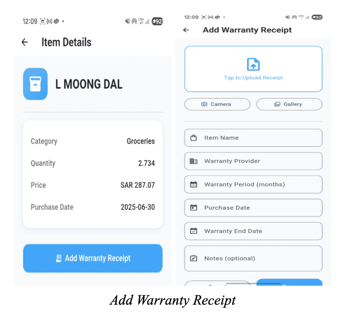 Parsed receipt → warranty details